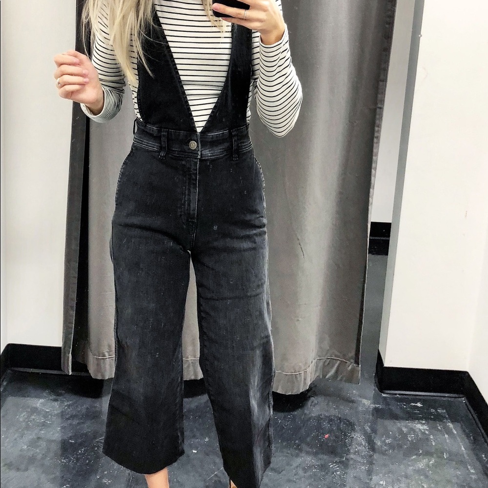 Free People V Denim Overall in Distressed Black